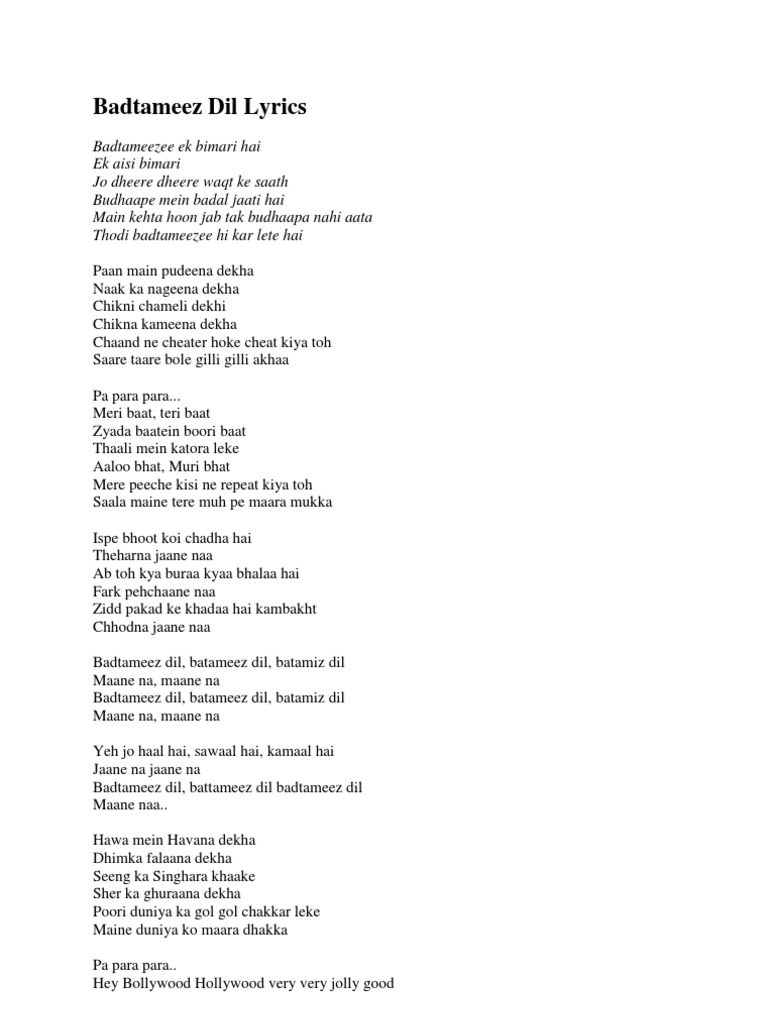 Badtameez Dil Lyrics | PDF