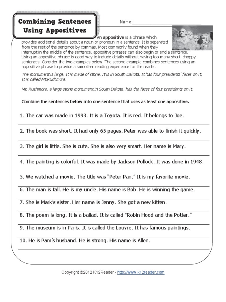 Appositive Worksheet Combining Sentences Answers