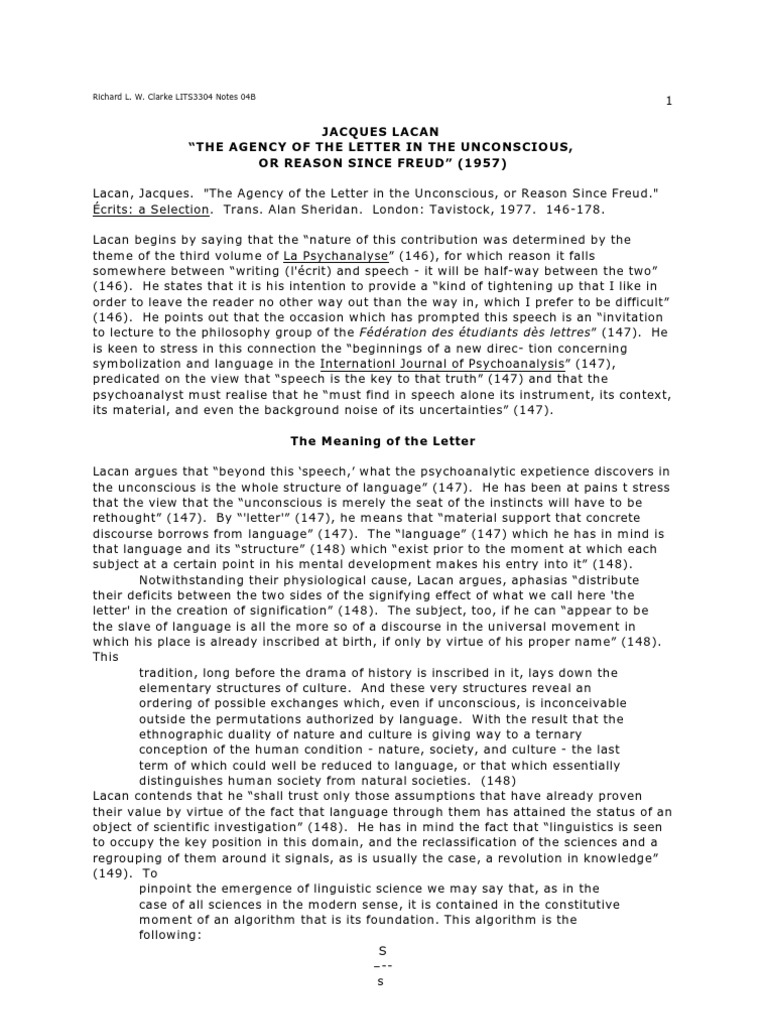 Jacques lacan the agency of the letter in the unconscious or reason