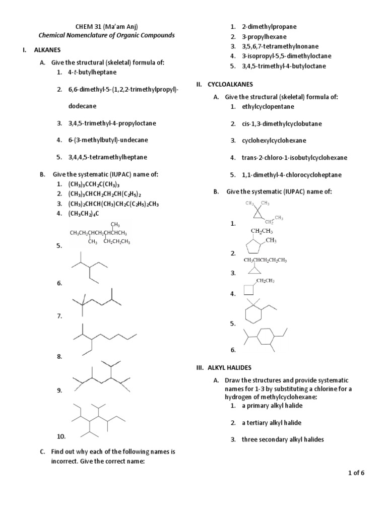 Nomenclature Prob Set Pdf Alkane Organic Compounds