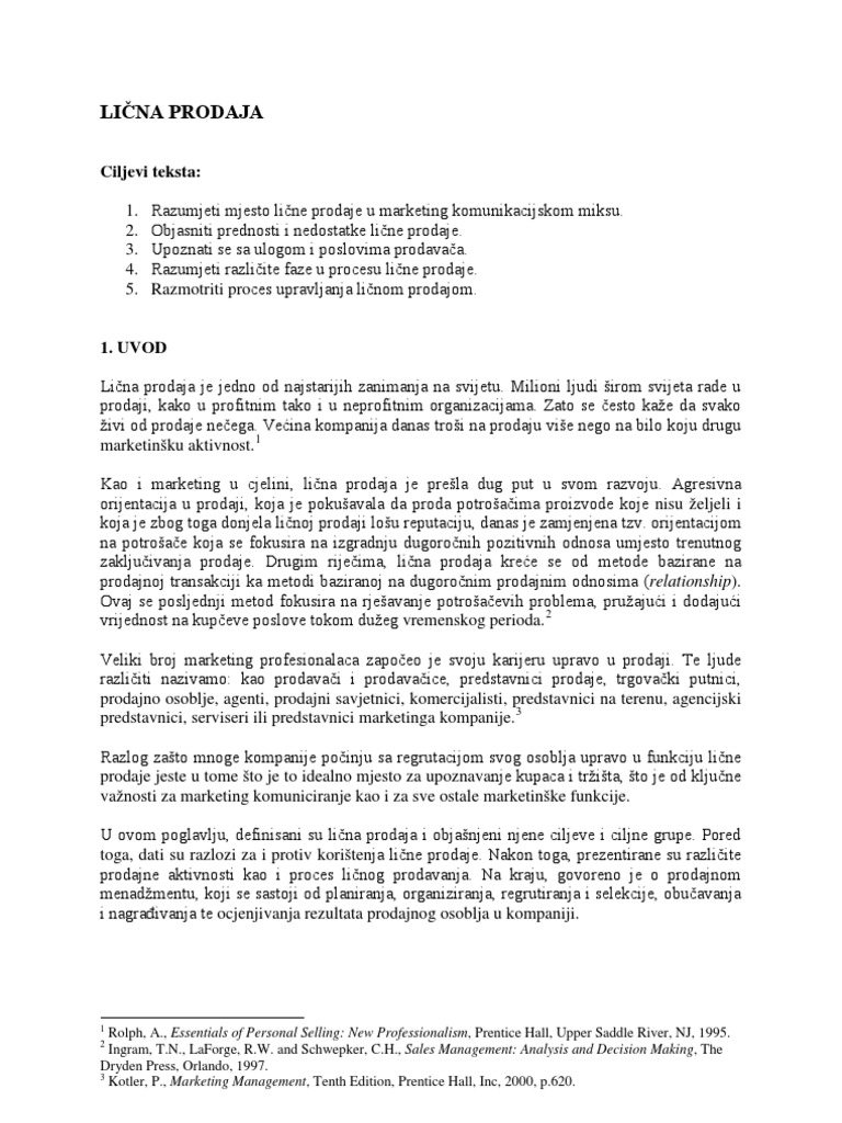 Tekst - Uloga I Znacaj Prodaje I Licne Prodaje | PDF