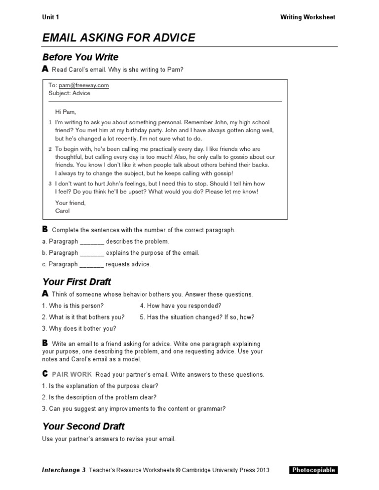 interchange4thed level3 unit01 writing worksheet pdf