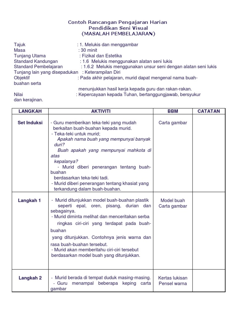 Contoh Rancangan Pengajaran Harian | PDF