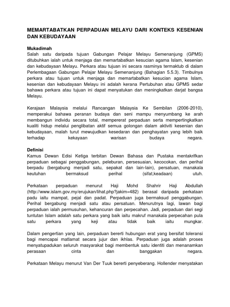 Memartabatkan Perpaduan Melayu Dari Konteks Kesenian Dan Kebudayaan Pdf