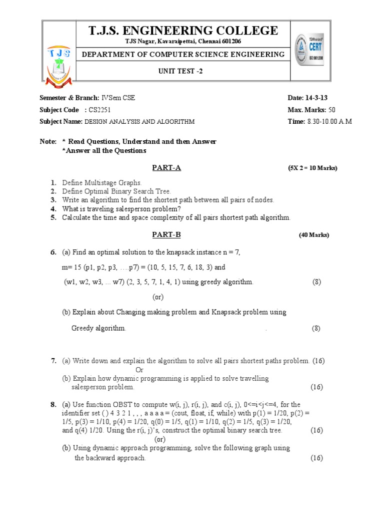 Unit Test 2 Daa | PDF | Teaching Methods & Materials | Computers