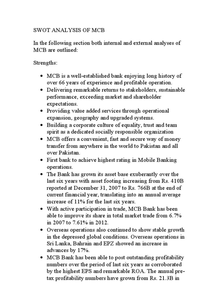 Swot Analysis of MCB | PDF | Banks | Money