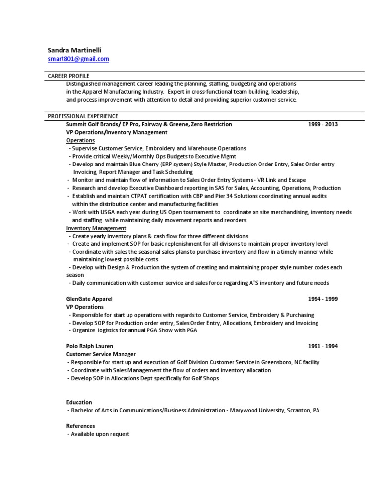 VP Director Manager Apparel Operations in NYC Resume Sandra Martinelli