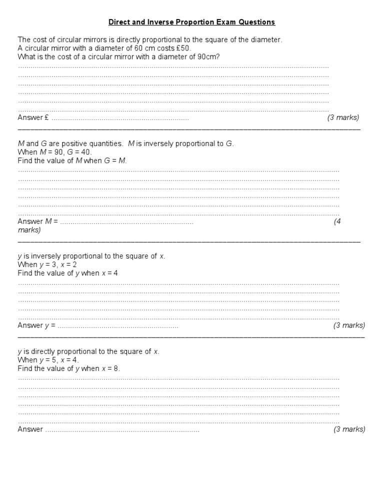 Direct and inverse proportion exam questions pdf