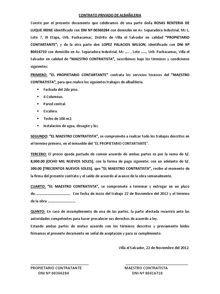 Contrato Privado de Albañileria | PDF | Gobierno