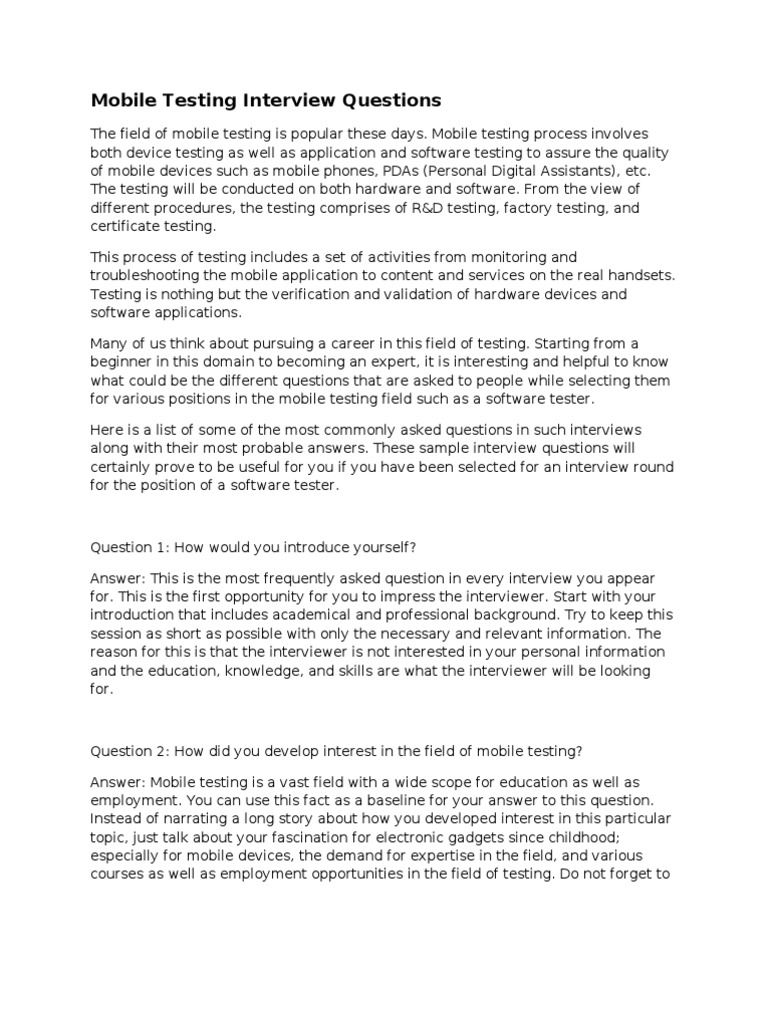 Mobile Testing Interview Questions PDF Mobile Device Personal