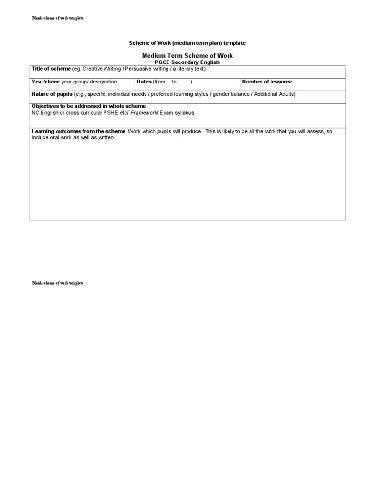 Blank Scheme of Work Template  PDF Within Blank Scheme Of Work Template