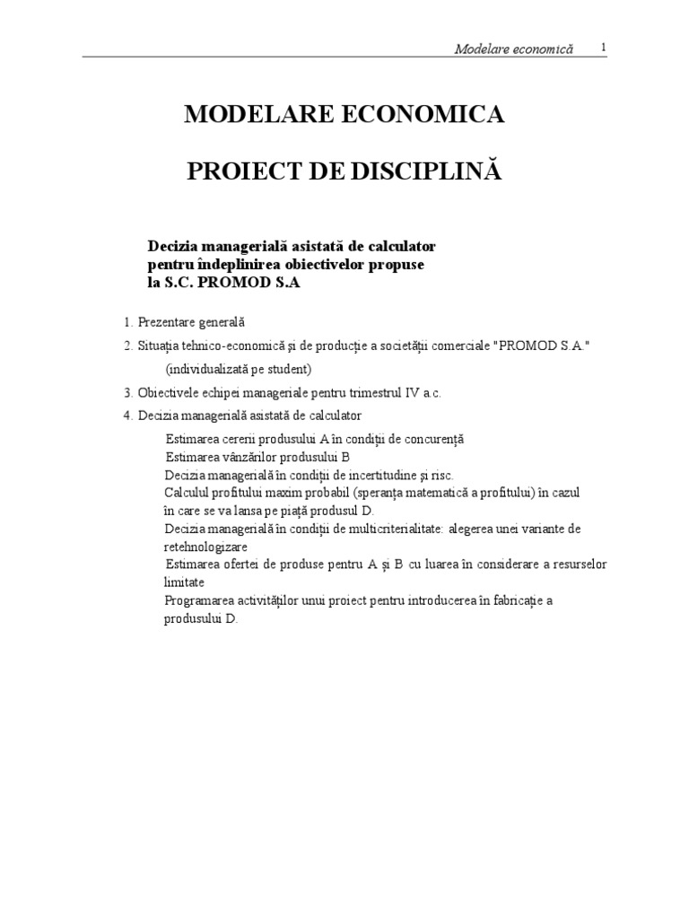 Model Poriect Modelare Economica | PDF