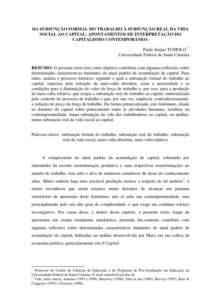Subsunção Real e Subsunção Foraml Do Trabalho Ao Capital PDF Capitalismo Mercado (economia)