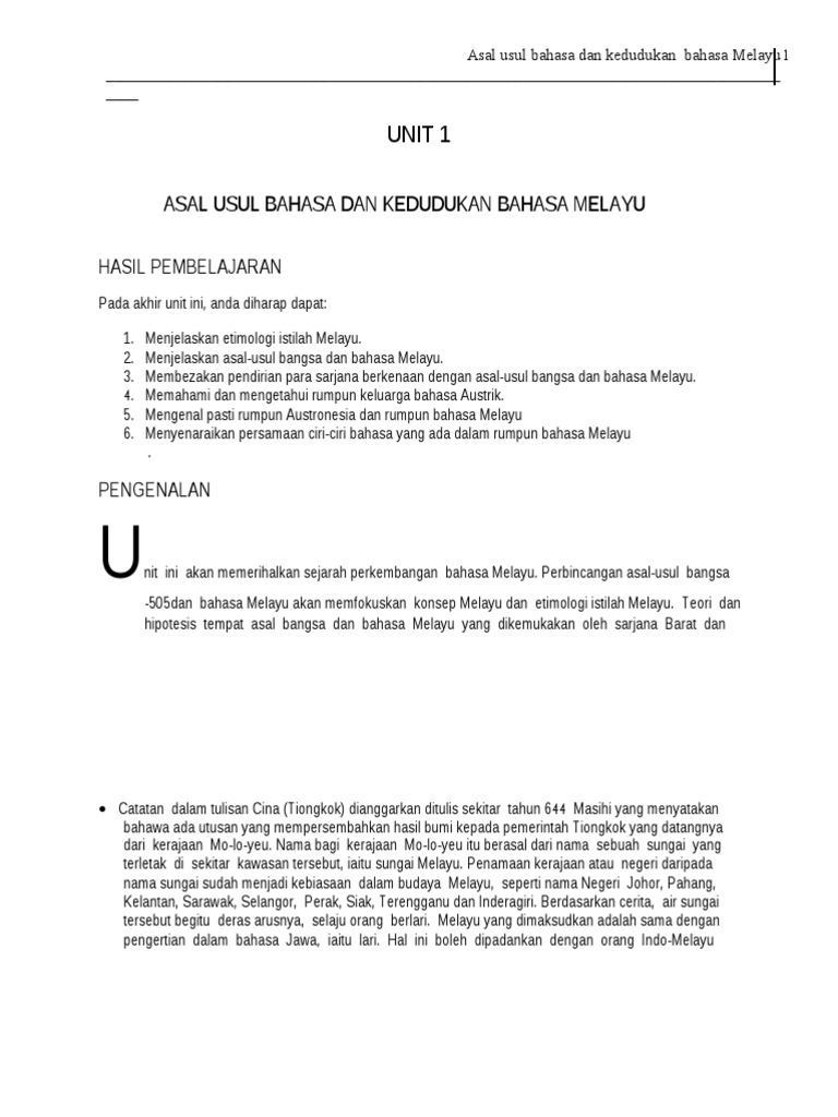 Unit 1 Asal Usul Dan Kedudukan Bm Pdf
