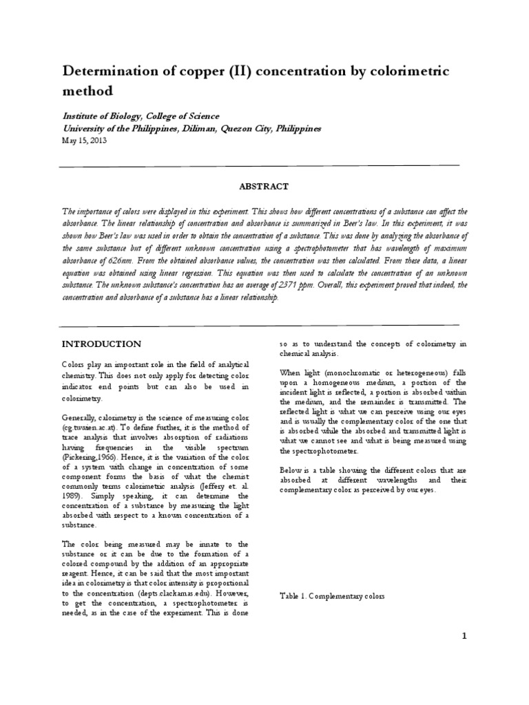 Determination of copper (II) concentration by colorimetric method