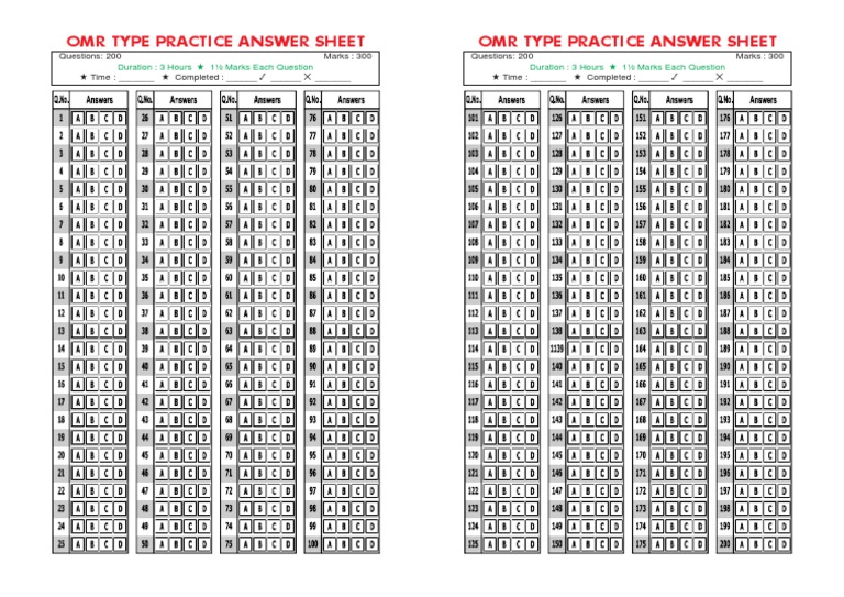 OMR Practice Sheet for 200 Questions | PDF