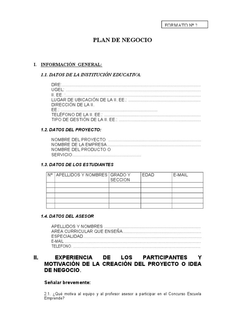 Formato Plan de Negocio | PDF | Investigación de mercado | Producto ...