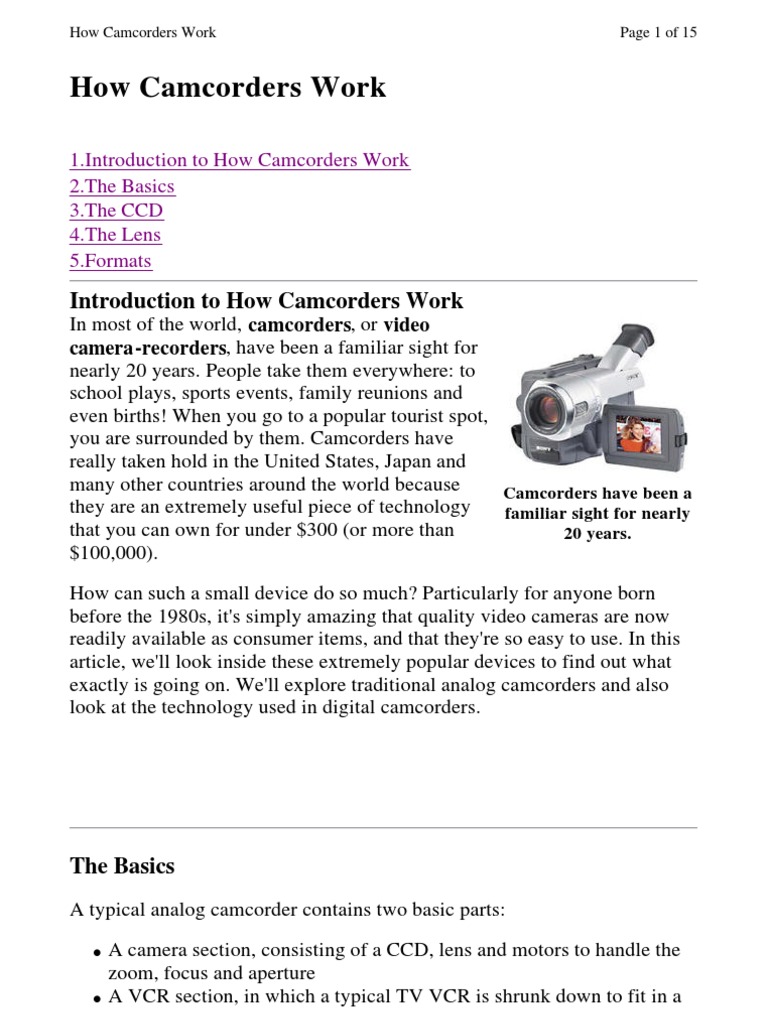 Introduction To How Camcorders Work PDF Videotape Zoom Lens