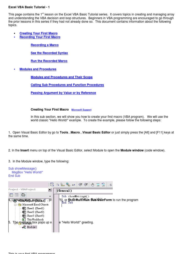 Excel Vba Basic Tutorial - 1: Sub Showmessage Msgbox "Hello World!" End ...