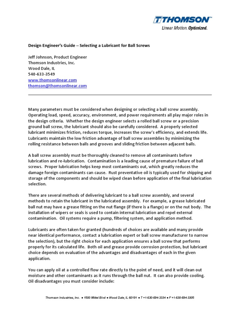 Design Engineer's Guide Selecting A Lubricant For Ball Screws PDF