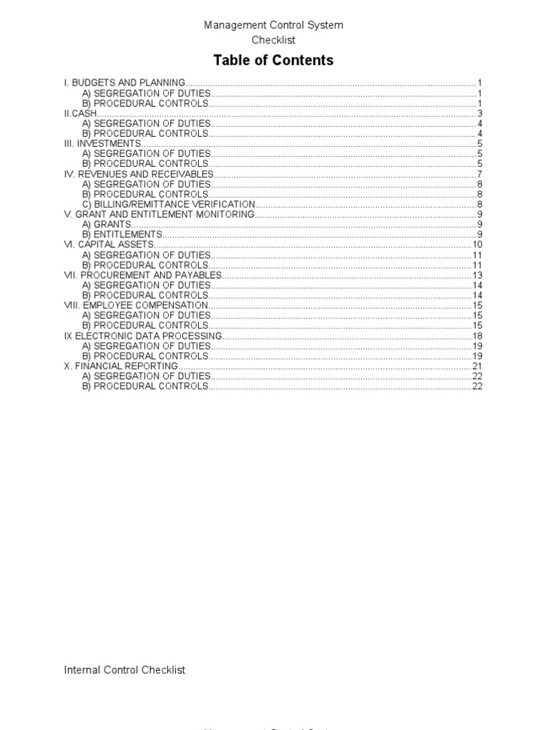 Checklist For Internal Control System | PDF