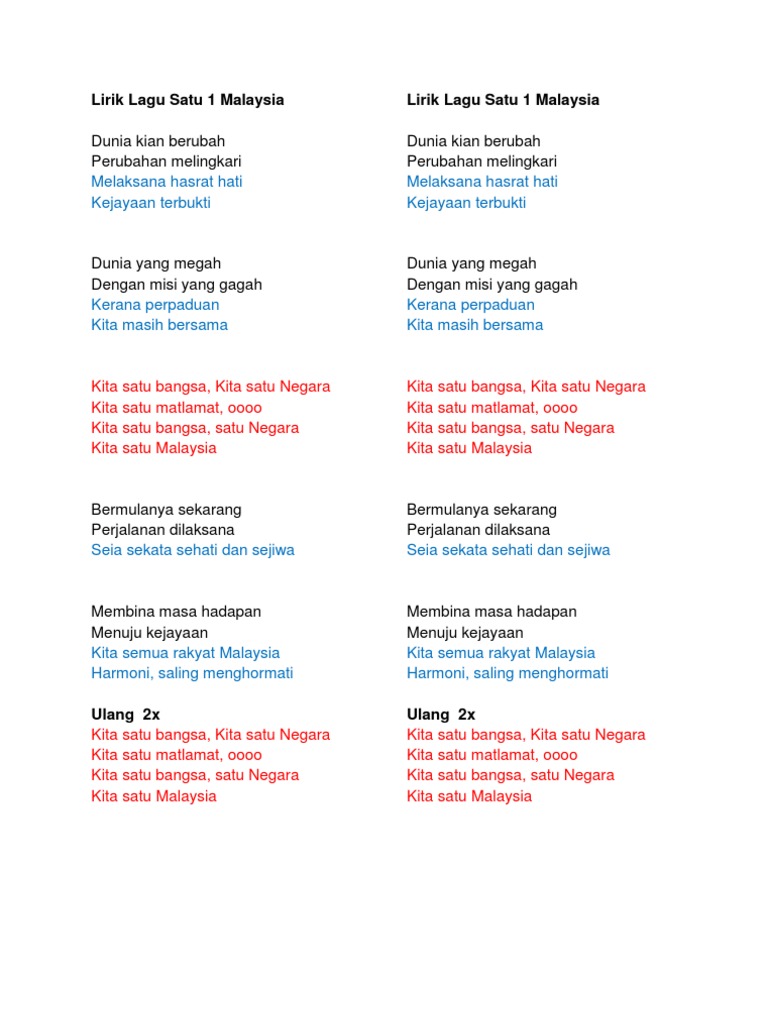 Lirik Lagu Satu 1 Malaysia Pdf