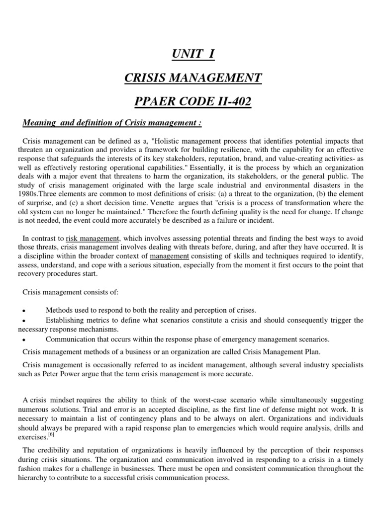 Mba Crisis Management Notes PDF Crisis Management Business Continuity