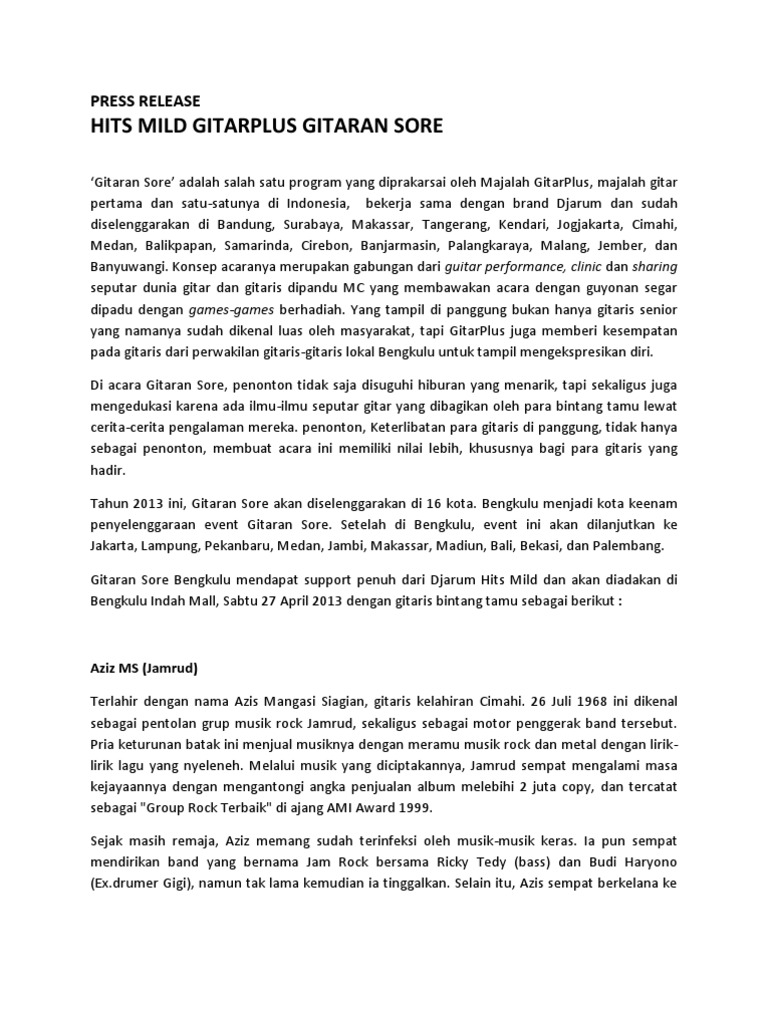 Press Release Gitaran Sore Bengkulu Pdf
