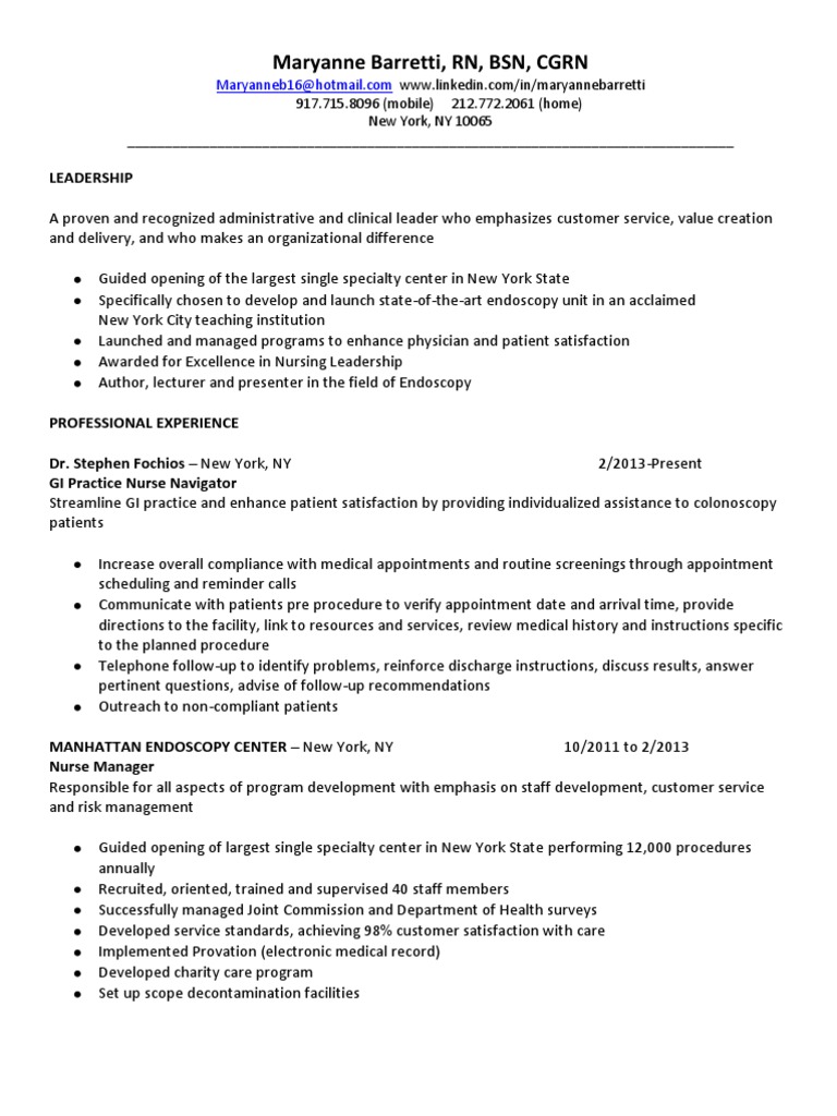 Nursing Director Endoscopy Gastroenterology in New York NY Resume