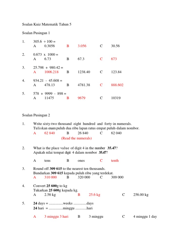 Soalan Kuiz Matematik Tahun 5  PDF