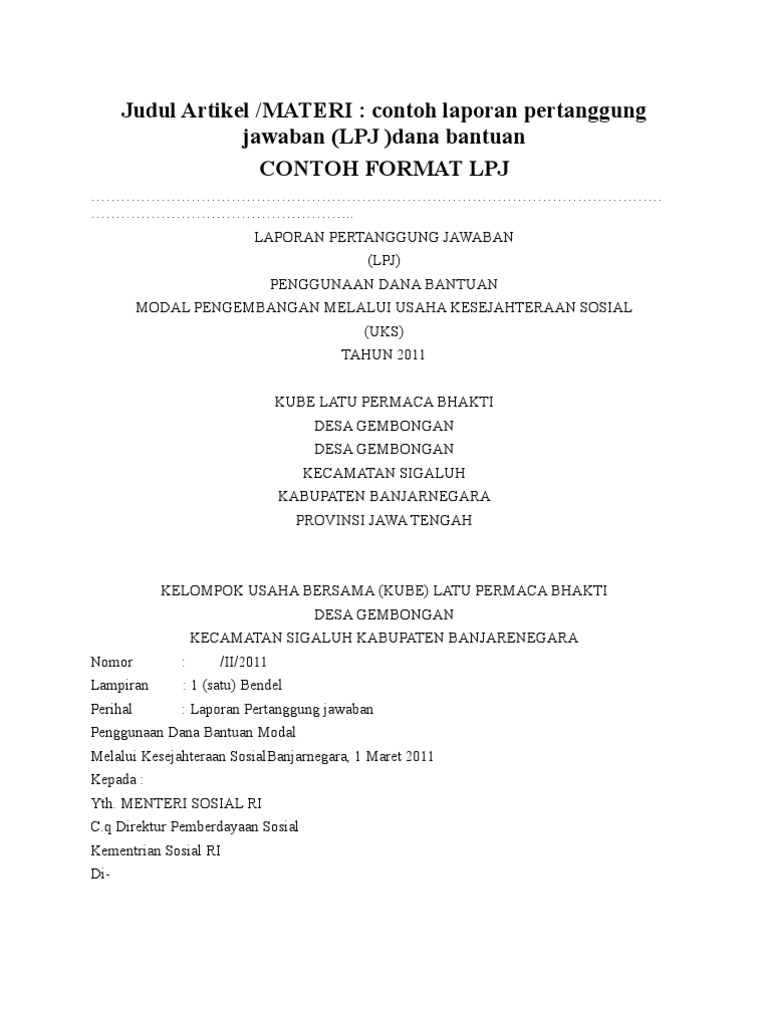 Contoh Laporan Pertanggungjawaban Penggunaan Dana Bantuan