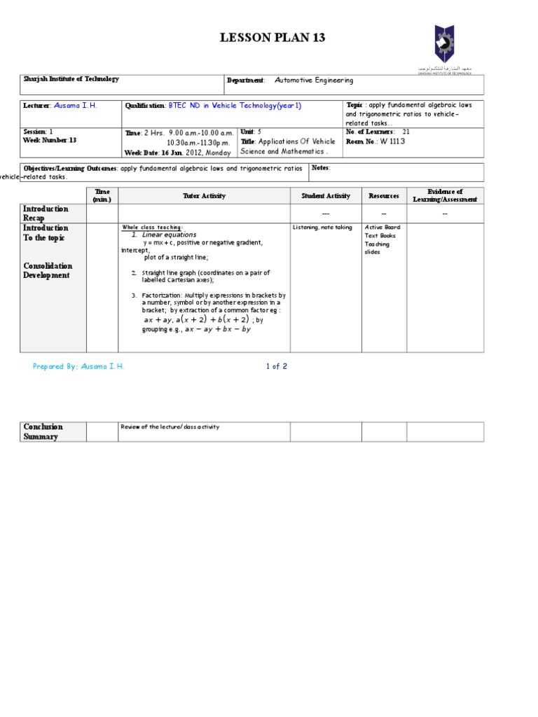 Auto Engineering Math Skills | PDF | Learning | Teaching Mathematics