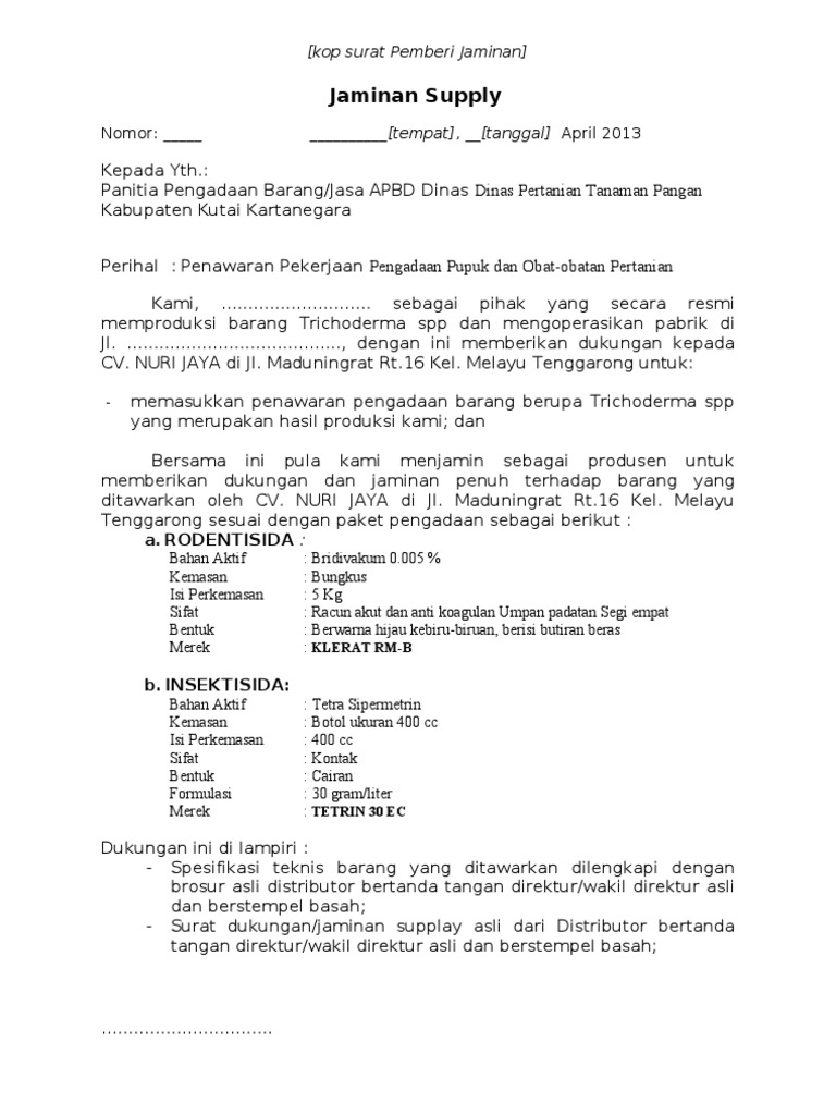Jaminan Supply Cv Nuri Jaya