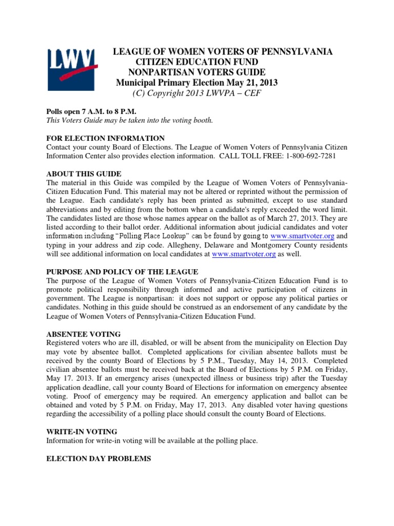 League of Women Voters Guide, May 21, 2013 Primary Election, Bucks