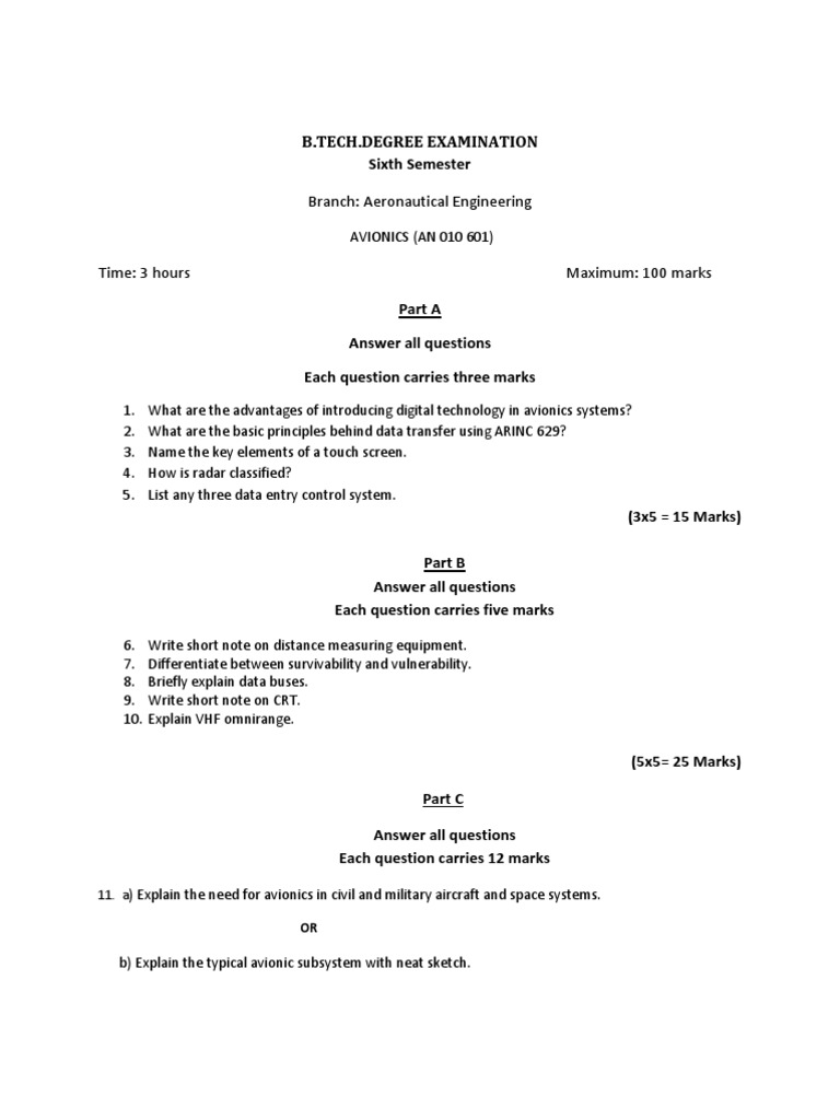 Avionics Model Question Paper PDF