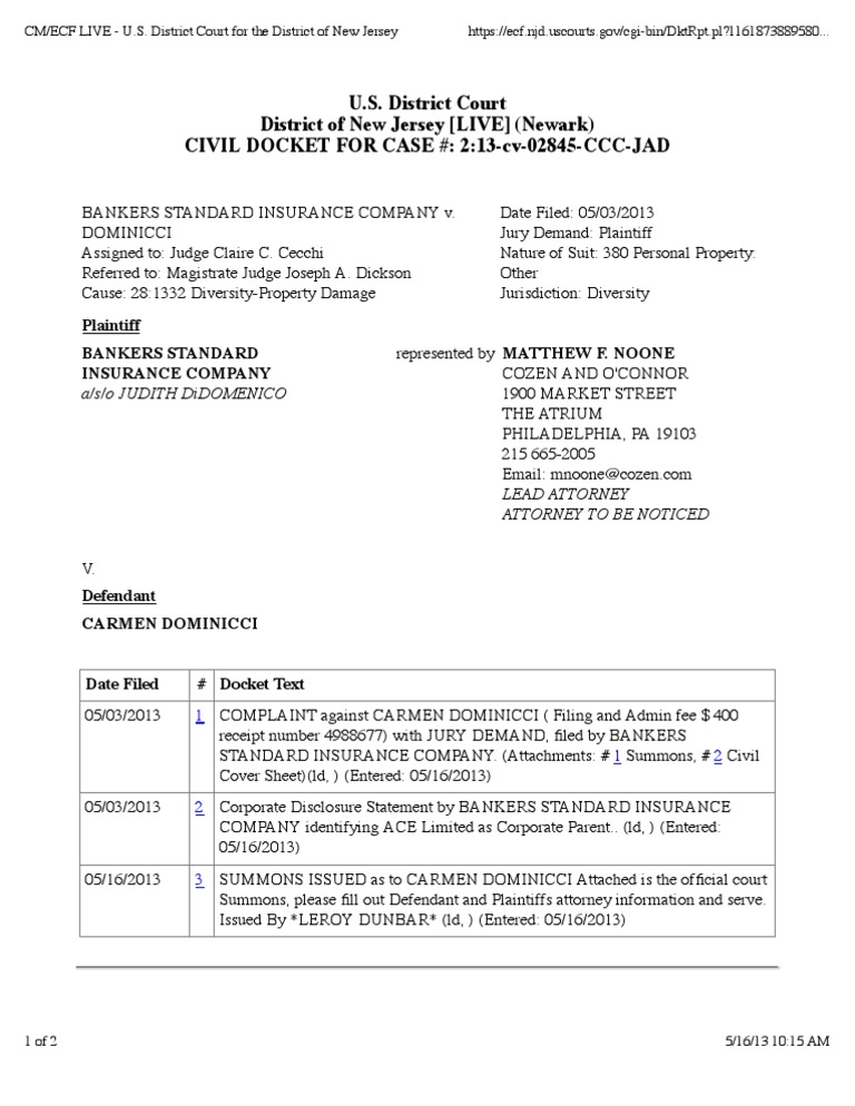 BANKERS STANDARD INSURANCE COMPANY v. DOMINICCI Docket | PDF