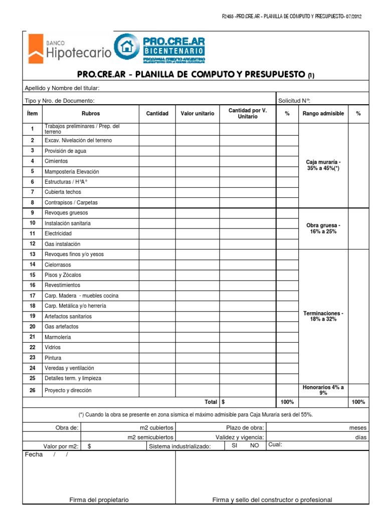 Planillas Procrear PDF | Ingeniería de Edificación ...