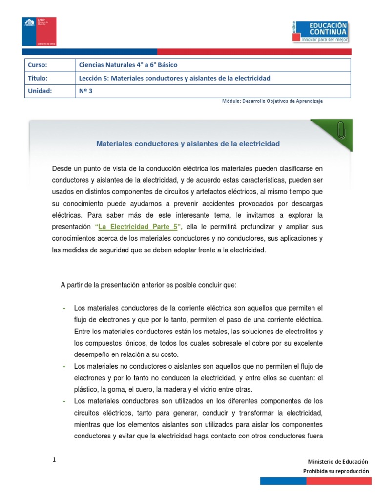 Leccion5 Materiales Conductores y Aislantes de La Electricidad | PDF ...