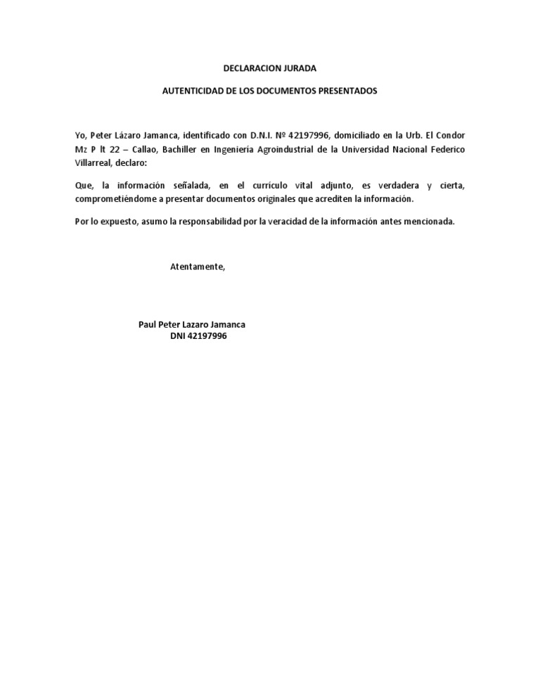 Carta De Declaracion Jurada Ejemplo - About Quotes g