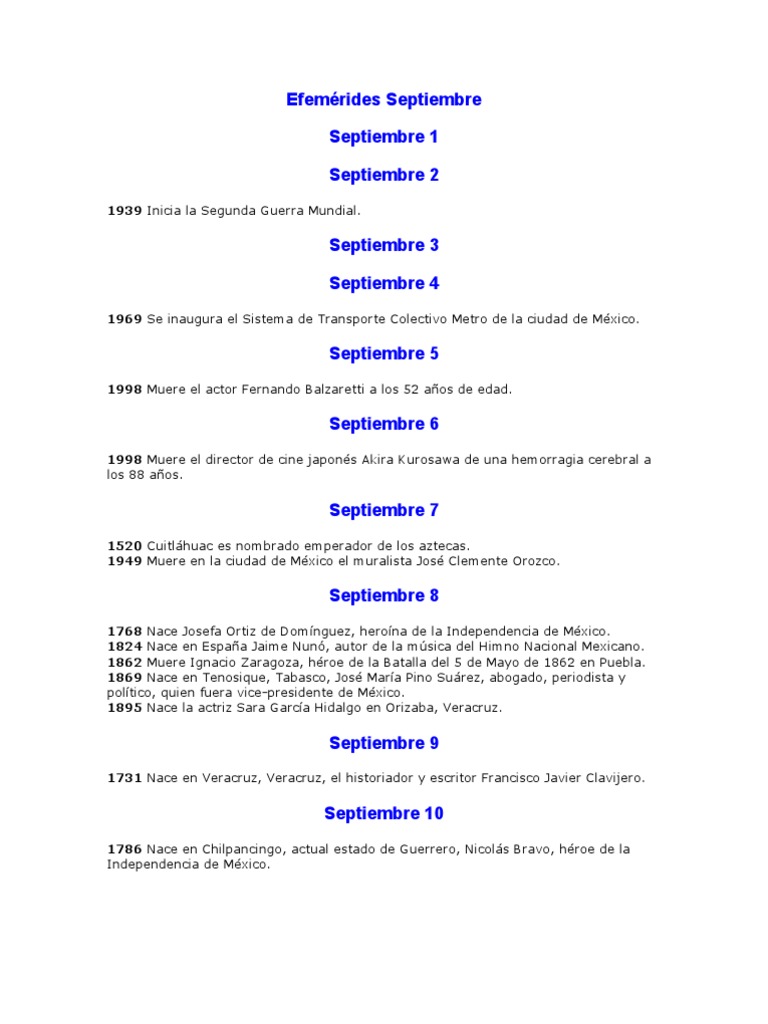 Septiembre Efemérides Pdf Ciudad De México México