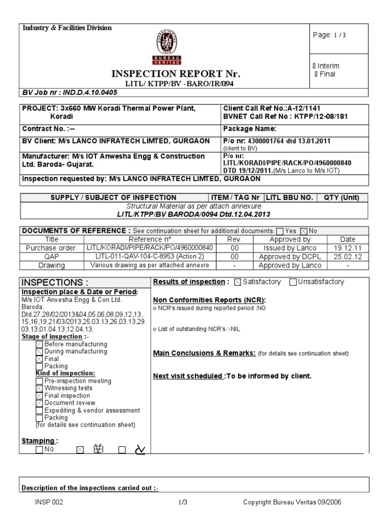 Inspection Report NR.: Litl/ KTPP/BV - Baro/Ir/094 | PDF | Business ...