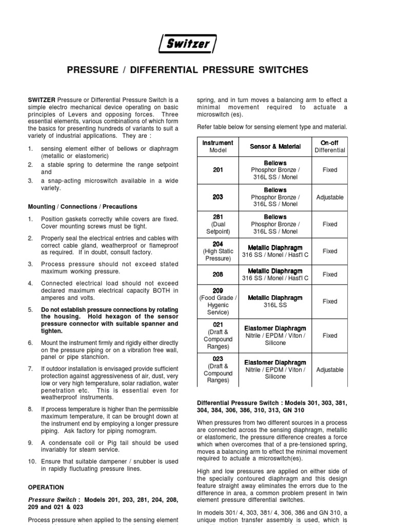 Instruction Manual Pressure Switches Classic Switch Pressure