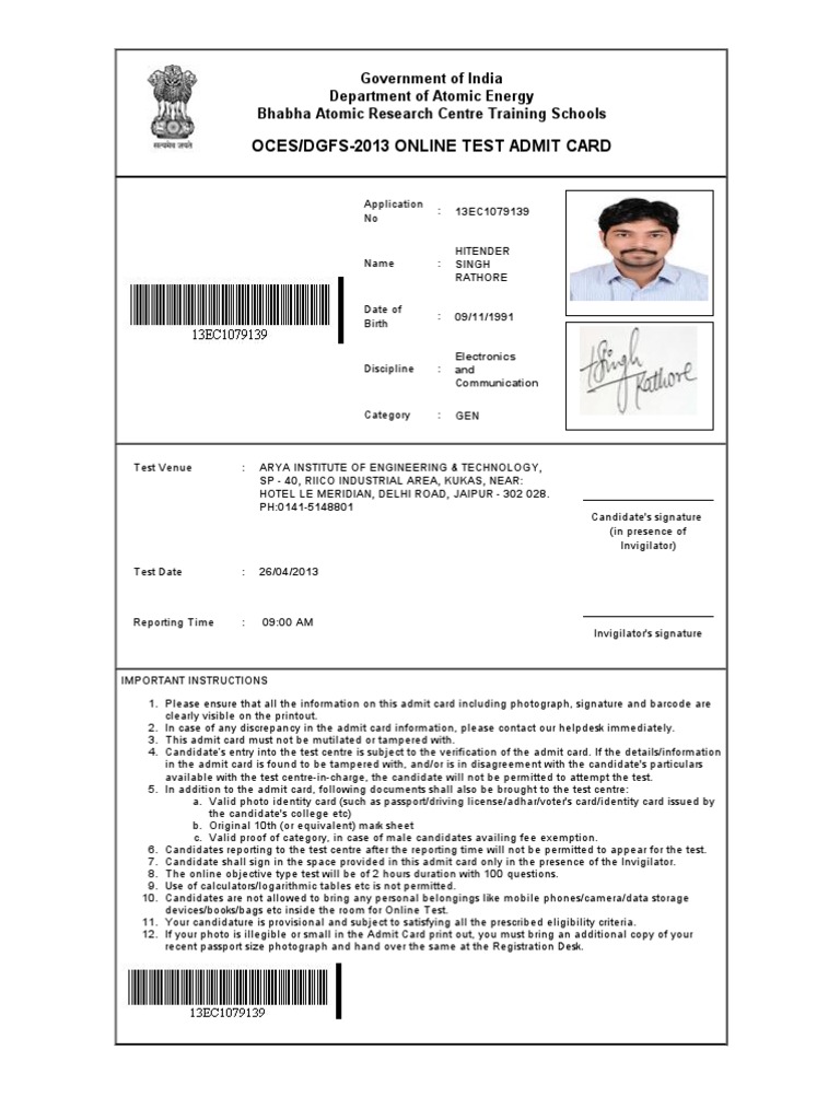 Barc Admit Card PDF Identity Document Computing And Information
