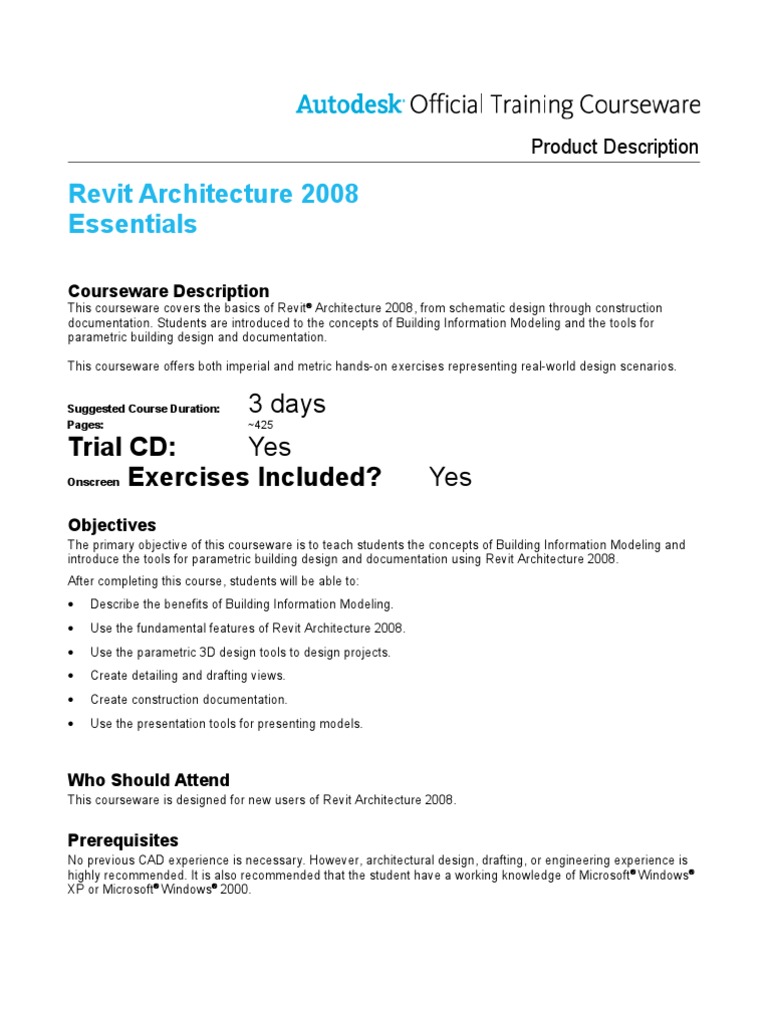 Revit Architecture 2008 Essentials: 3 Days Yes Yes | PDF | Autodesk ...