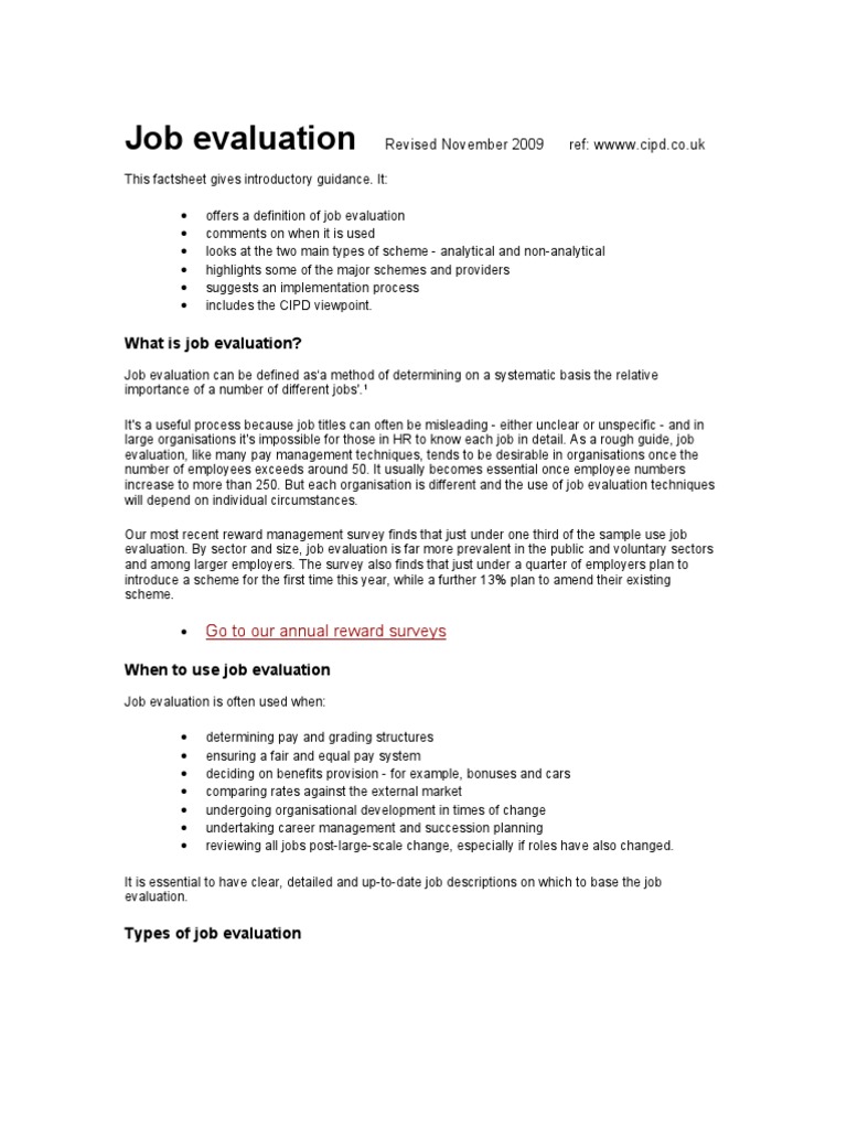CIPD Job Evaluation PDF Employment Behavioural Sciences
