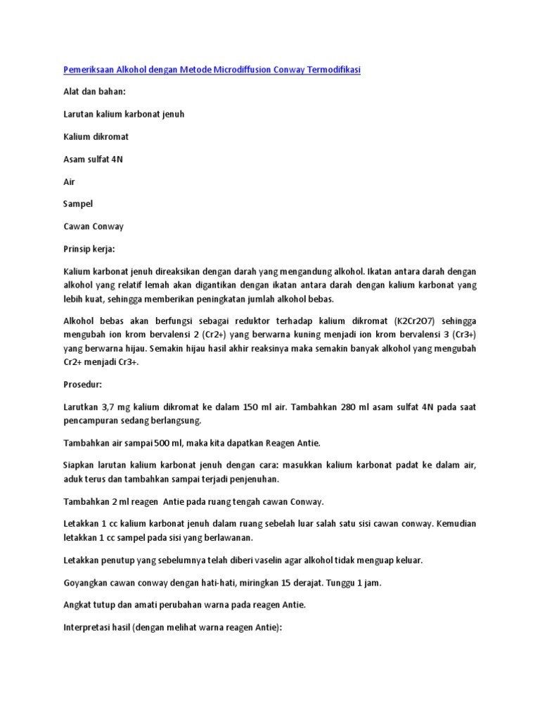 Pemeriksaan Alkohol Dengan Metode Microdiffusion Conway Termodifikasi | PDF