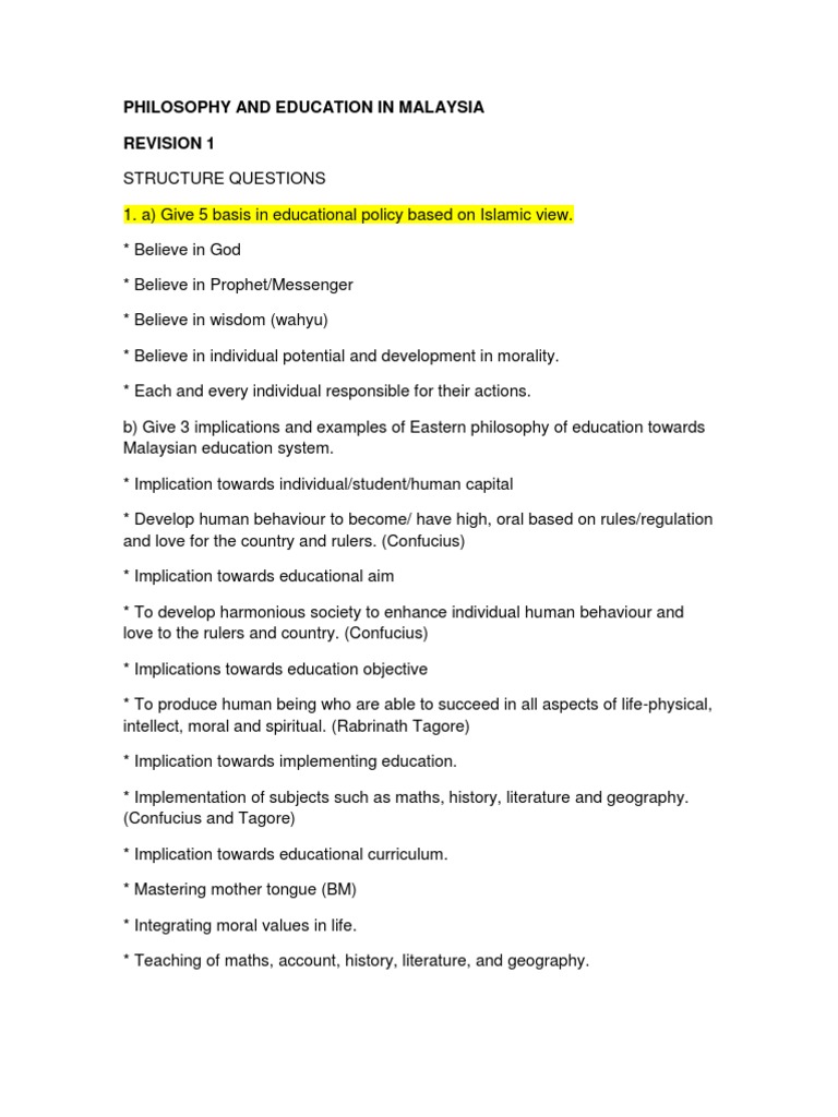 Philosophy of Education in Malaysia | PDF | Philosophy Of Education ...