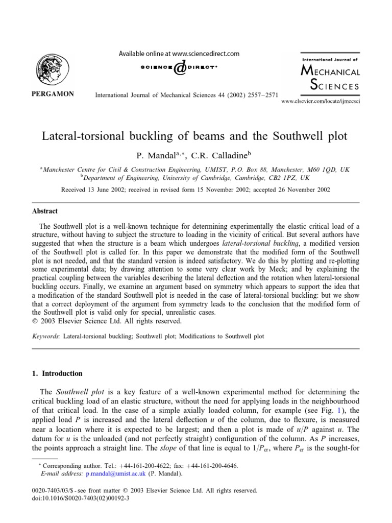 LateralTorsional Buckling of Beams and The Southwell Plot PDF