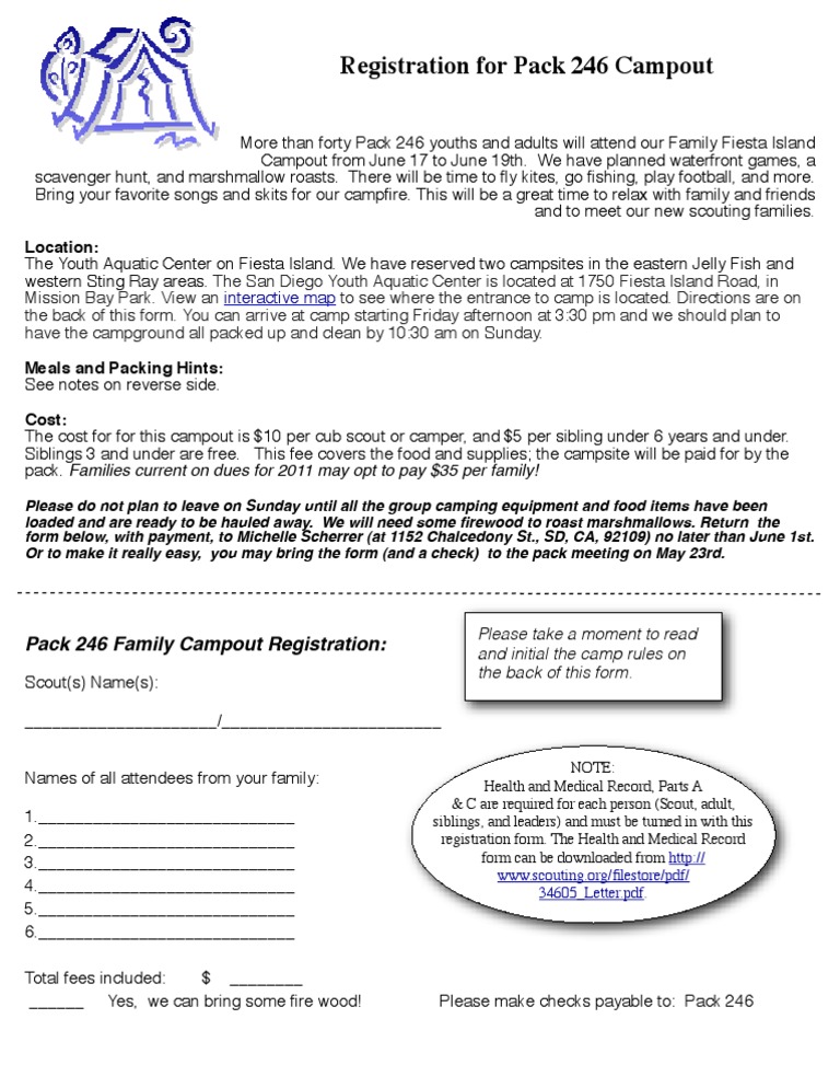 Pack 246 Family Campout Registration | PDF | Camping | Campsite