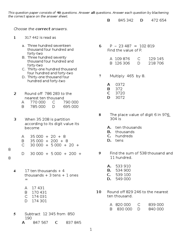 Soalan matematik tahun5 kertas1sekolah rendah ujian march 